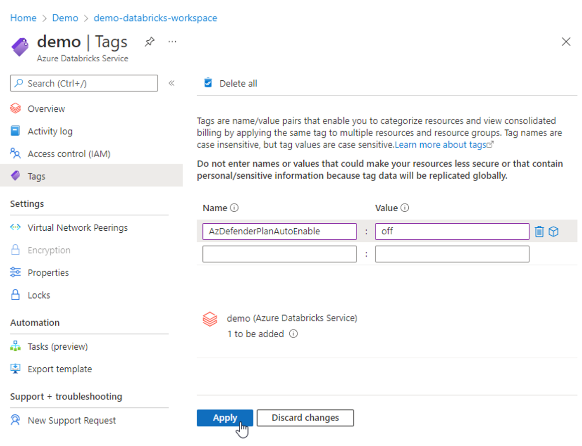 Screenshot showing the ___location, and how to apply the tag to your Azure Databricks account.