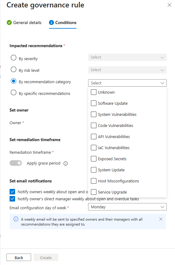 Screenshot of the list of recommendation categories.