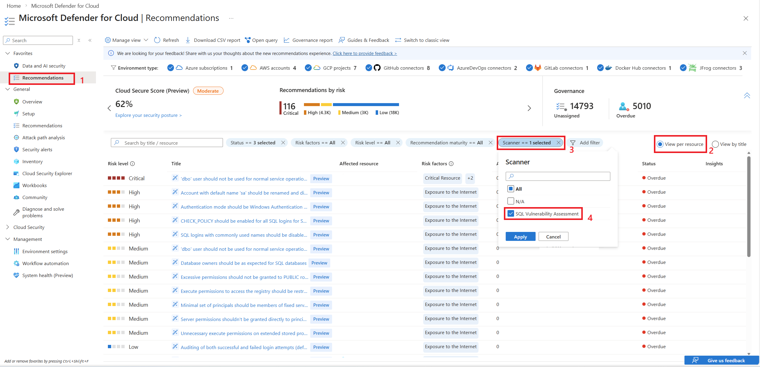 Screenshot of the Defender for Cloud Recommendations page in the Azure portal, showing View per resource and filtering Scanner to SQL Vulnerability Assessment.
