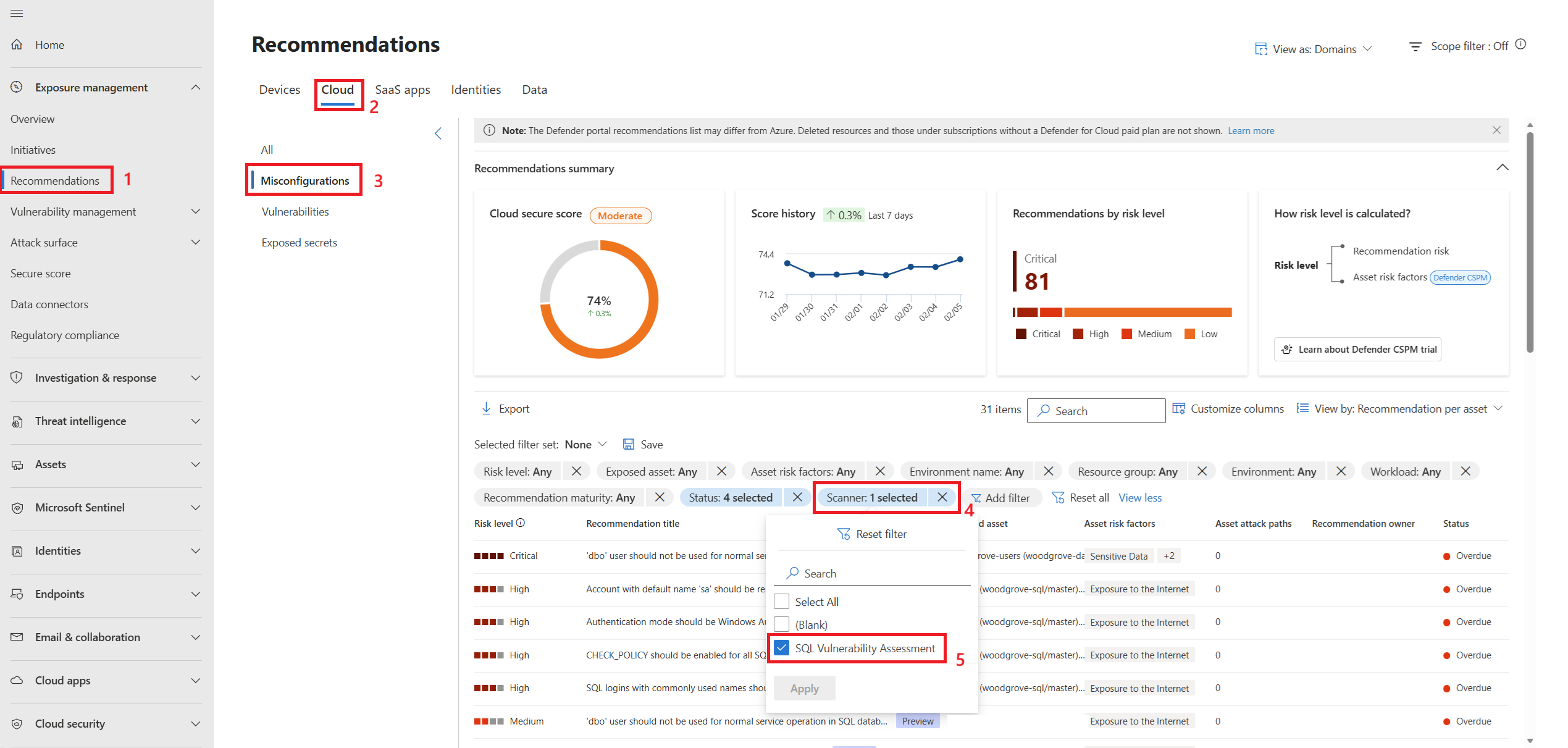 Screenshot of the Defender portal Recommendations page showing Cloud > Misconfigurations and filtering Scanner to SQL Vulnerability Assessment.