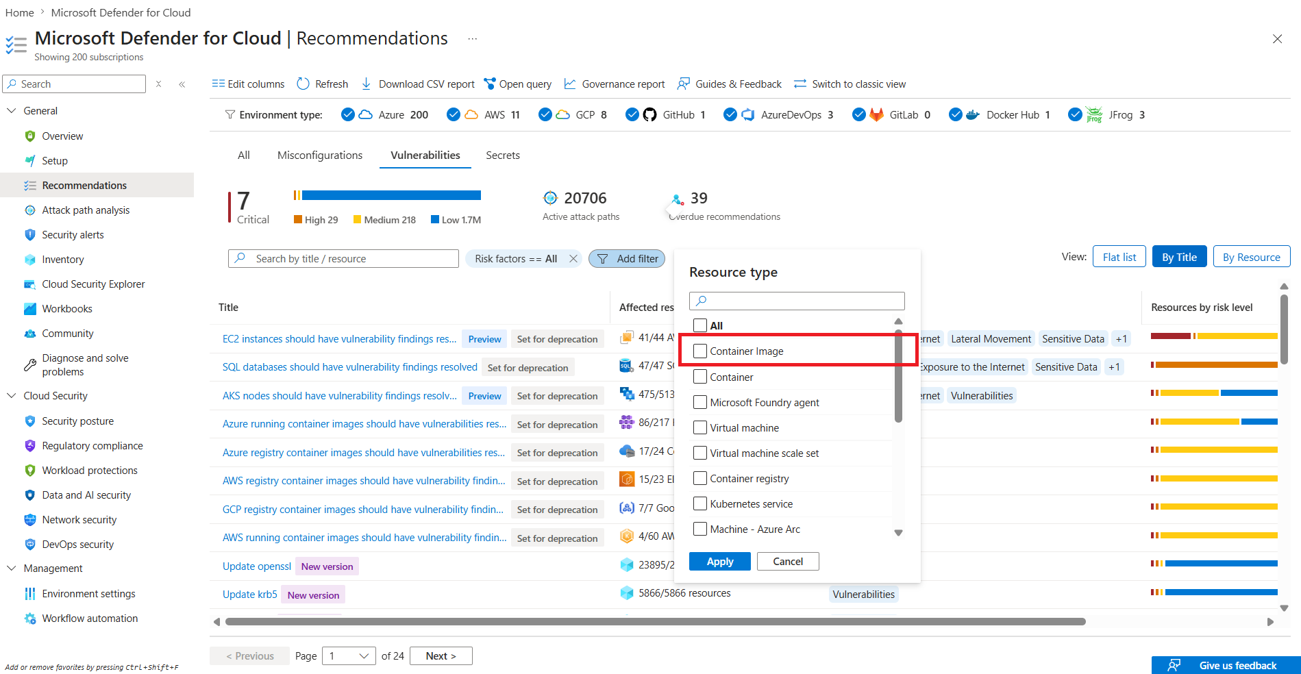 Screenshot of the Resource type filter in Microsoft Defender for Cloud Recommendations with Container image selected.