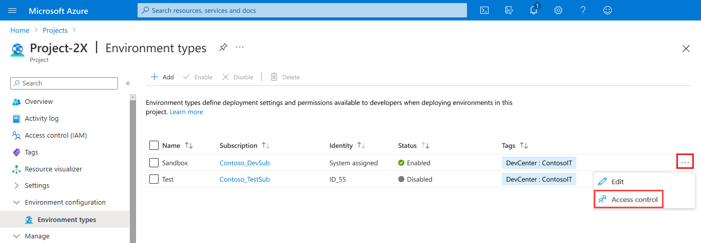 Screenshot of the Environment types page showing how to assign Deployment Environments User to a specific environment type.