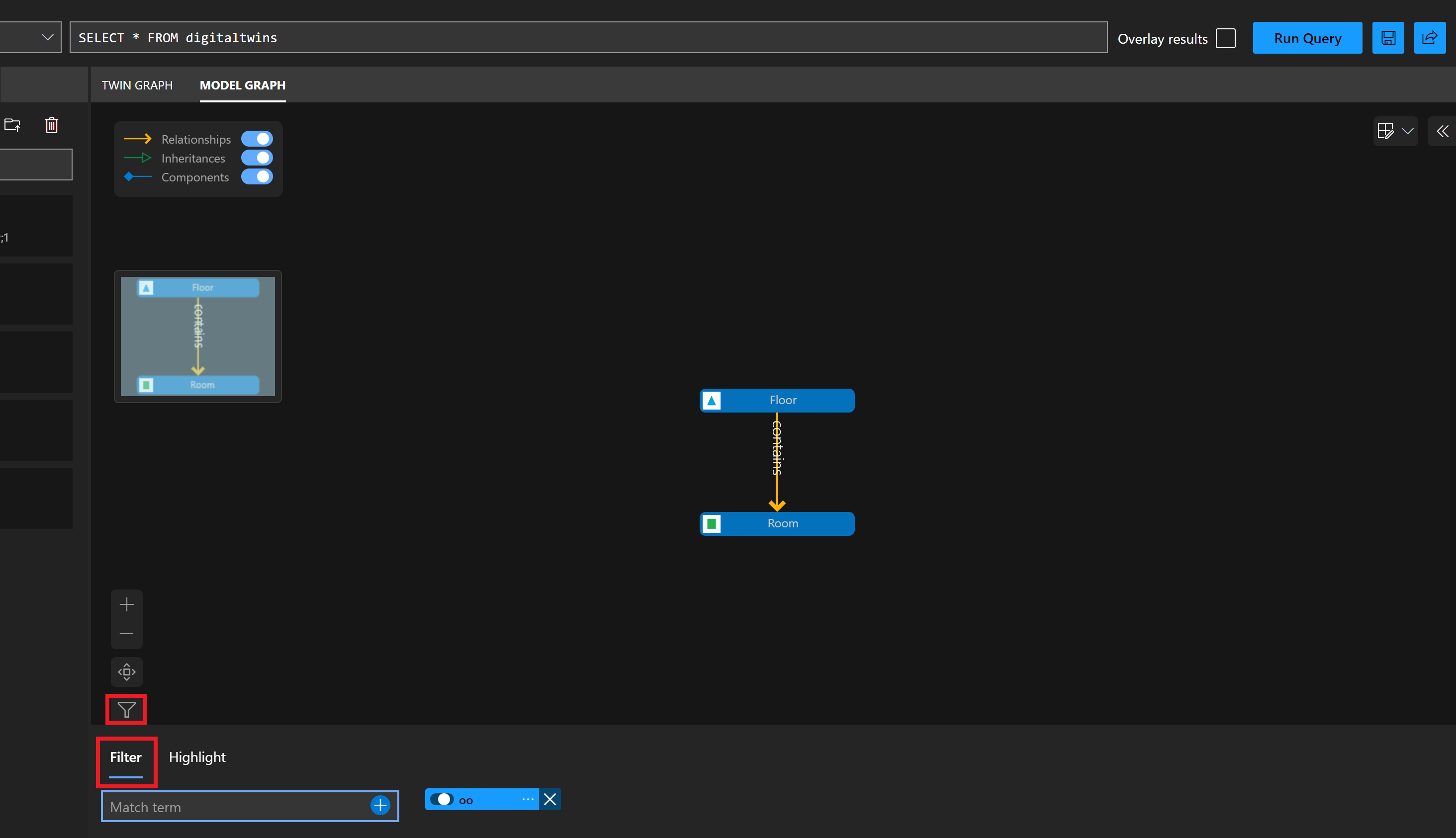 Screenshot of Azure Digital Twins Explorer Model Graph panel. The text filter icon is selected, showing the Filter tab where you can enter a search term.