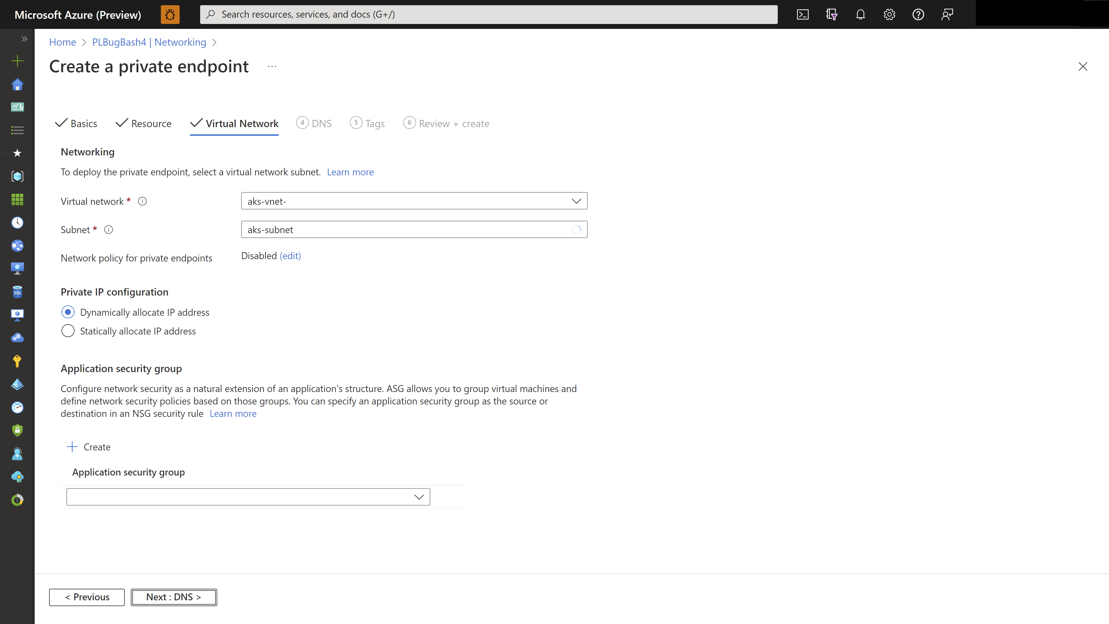 Screenshot of virtual network information for a private endpoint.
