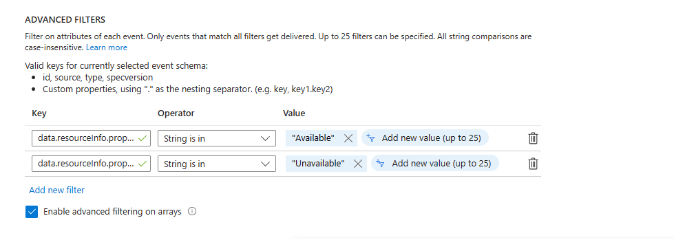 Screenshot that shows the advanced filters in the event subscription.