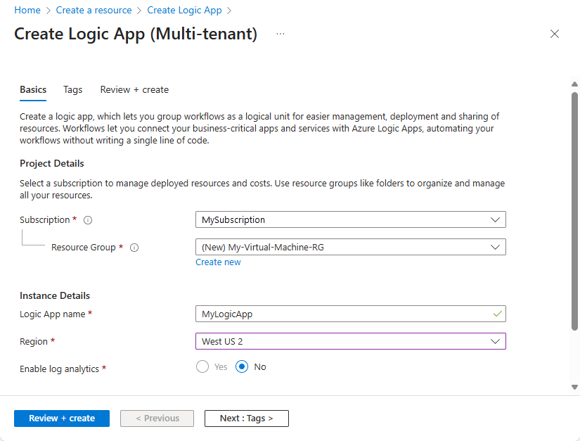 Screenshot shows the logic apps creation menu, showing details like name, subscription, resource group, and ___location.