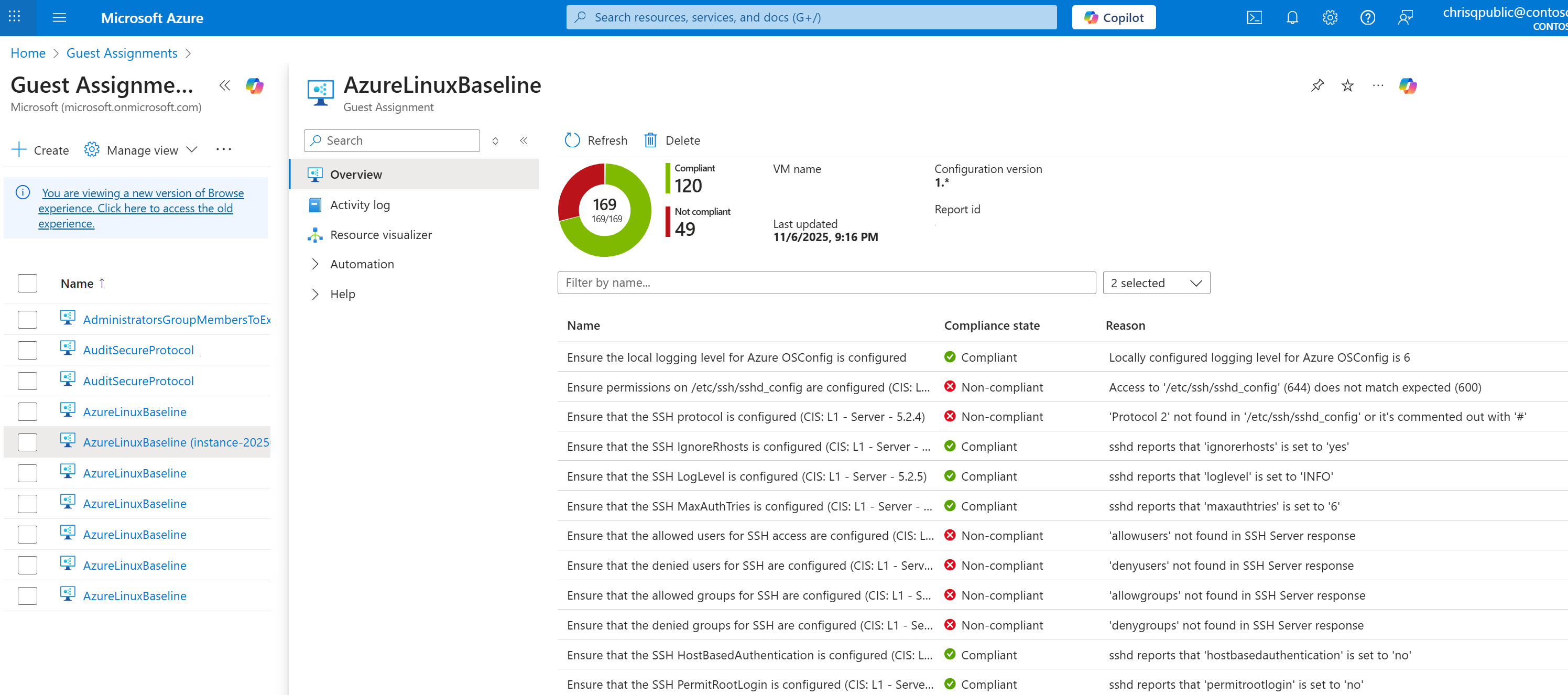 Screenshot of detailed rule-level compliance results showing configuration items and benchmark references.