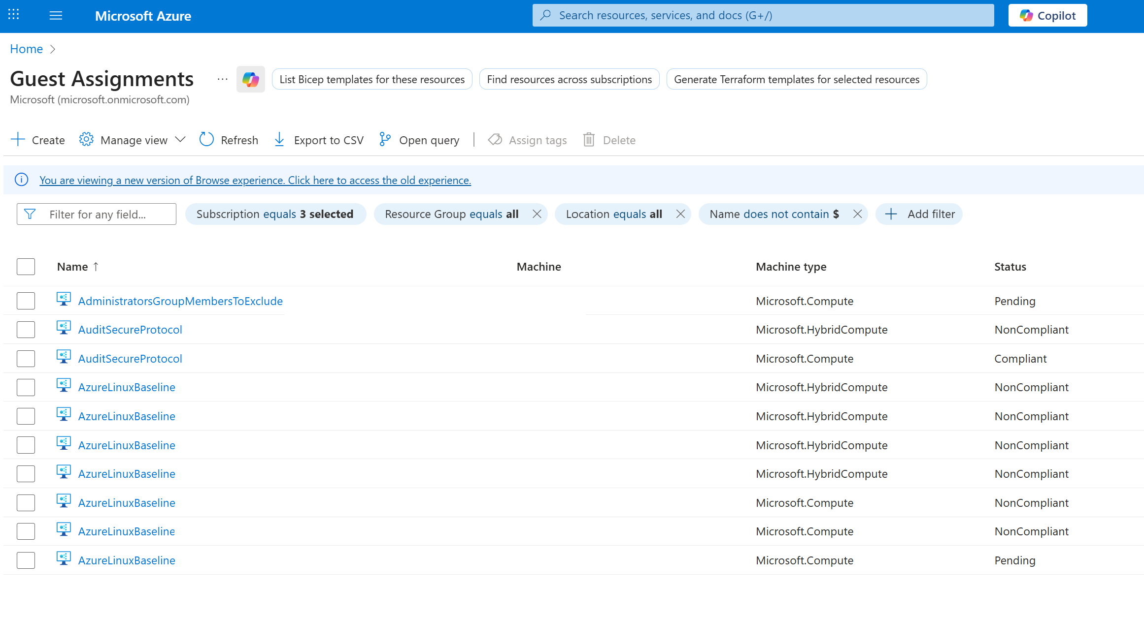 Screenshot of Guest Assignments list showing machines with compliance status indicators.