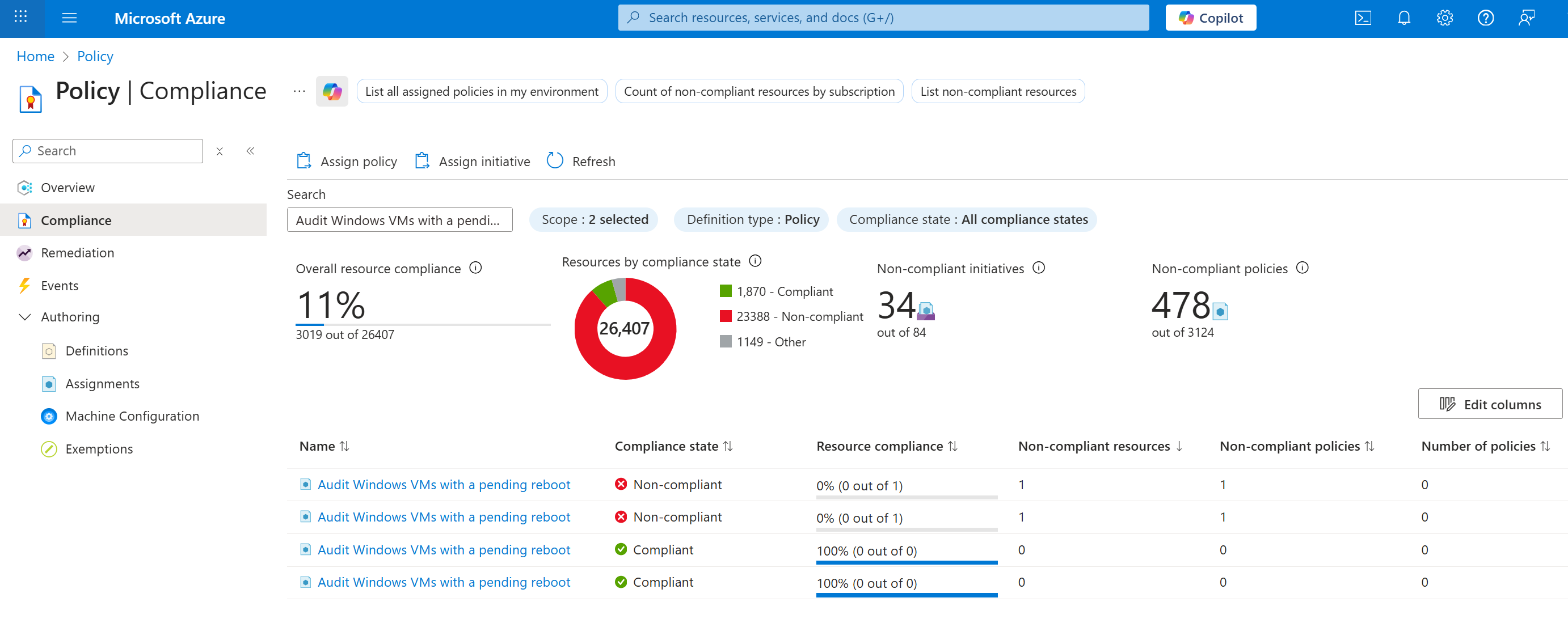 Screenshot of policy assignment selection showing compliance status and resource details.