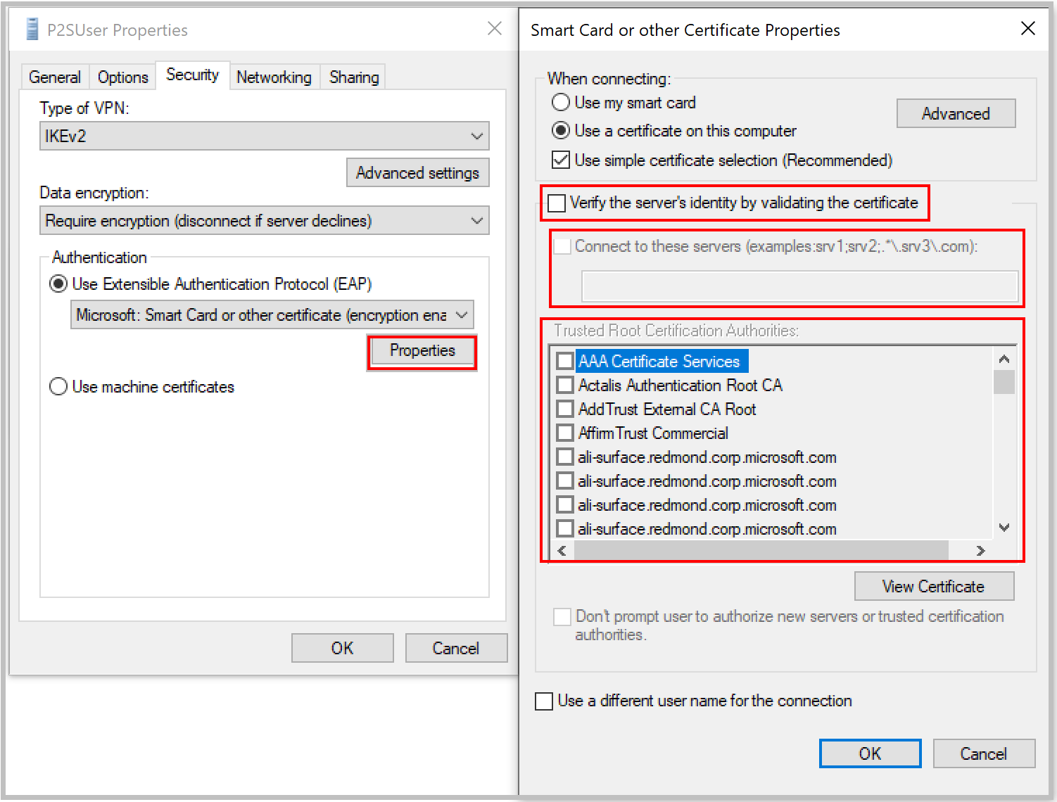 Server Certificate Screenshot that shows properties for point-to-site authentication.