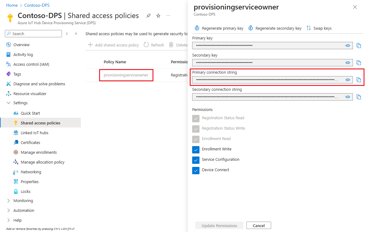 Screenshot that shows the ___location of the provisioning service connection string in the portal.