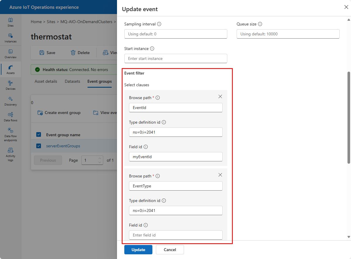 A screenshot that shows how to configure an event filter for an OPC UA asset.