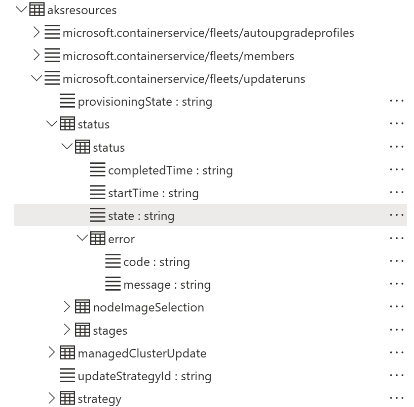 Screenshot of selecting a field in an update run in Azure Resource Graph Explorer to add it to the query.