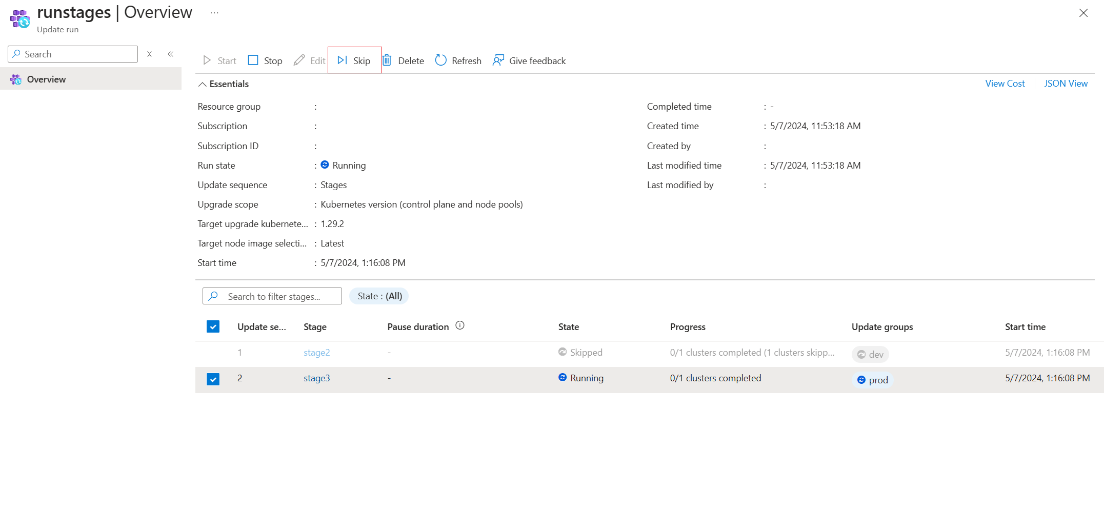 A screenshot of the Azure portal showing how to skip upgrade for a specific stage in an update run.