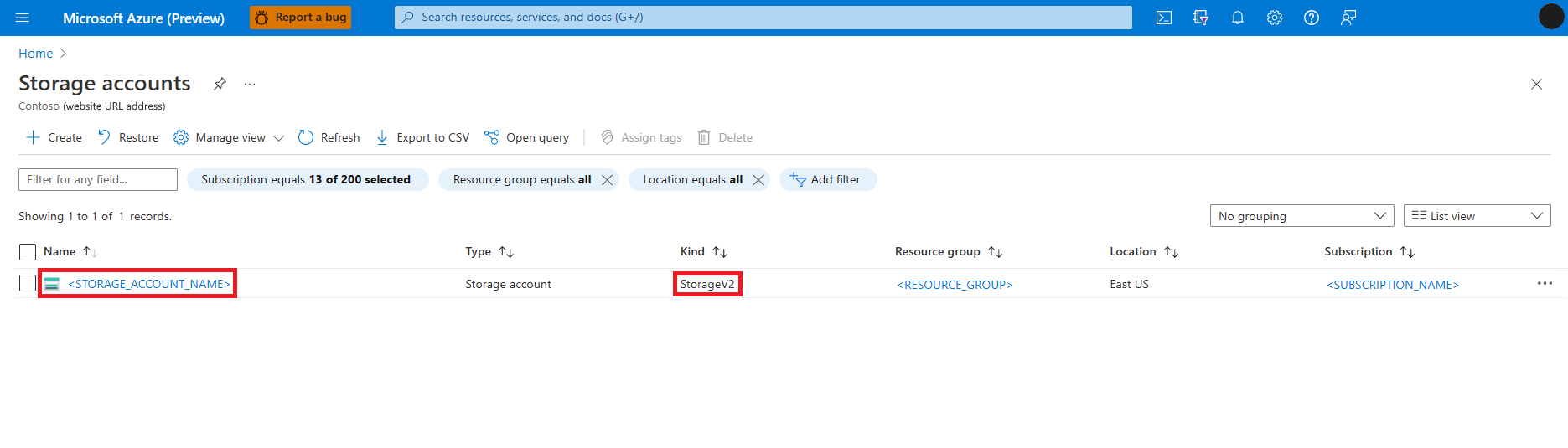 Expandable screenshot that shows selection of the Azure Data Lake Storage (ADLS) Gen 2 storage account Storage account.