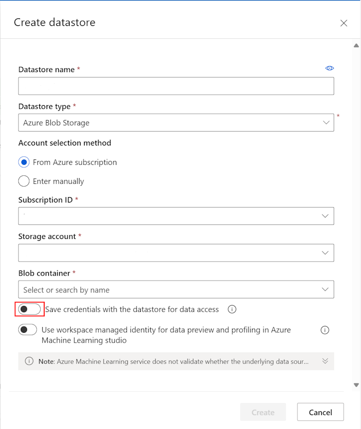 Screenshot showing the Azure blob datastore creation panel.