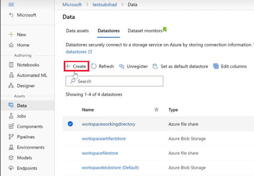 Screenshot of the create datastore link.