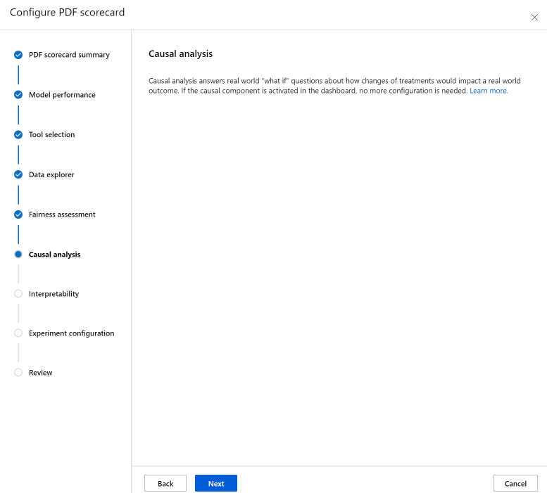 Screenshot of the dashboard generation page on scorecard causal analysis configuration.