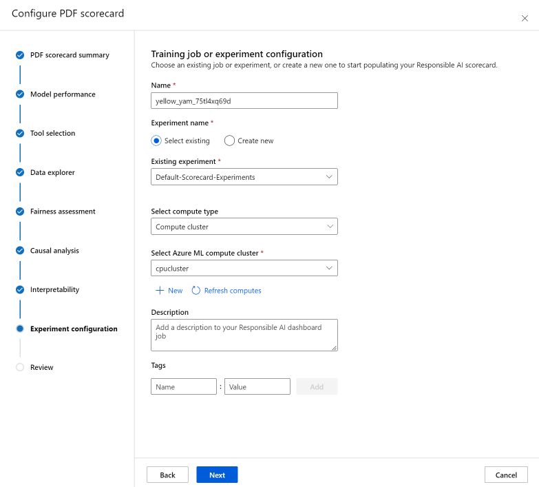 Screenshot of the dashboard generation page on scorecard experiment configuration.