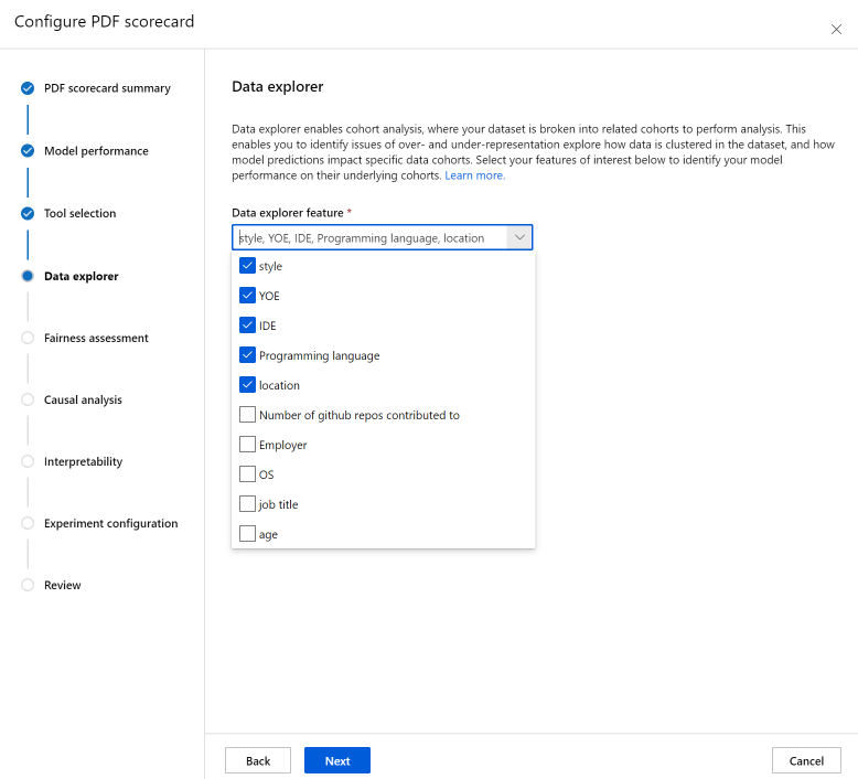 Screenshot of the dashboard generation page on scorecard data analysis configuration.