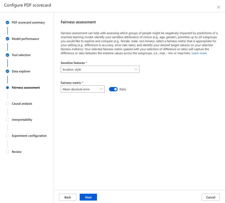 Screenshot of the dashboard generation page on scorecard fairness assessment configuration.