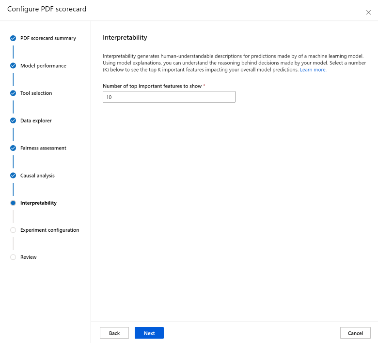 Screenshot of the dashboard generation page on scorecard feature importance configuration.