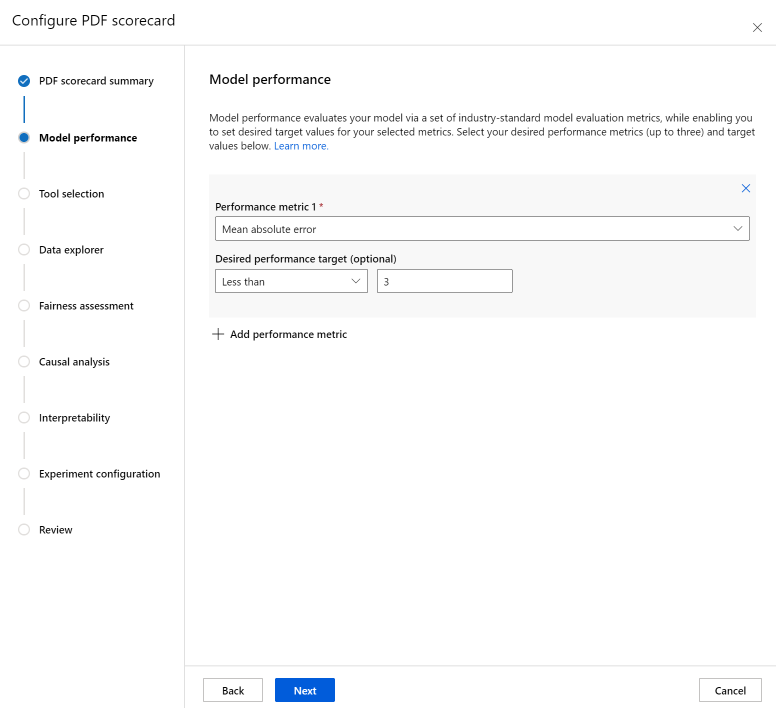 Screenshot of the dashboard generation page on scorecard model performance configuration.