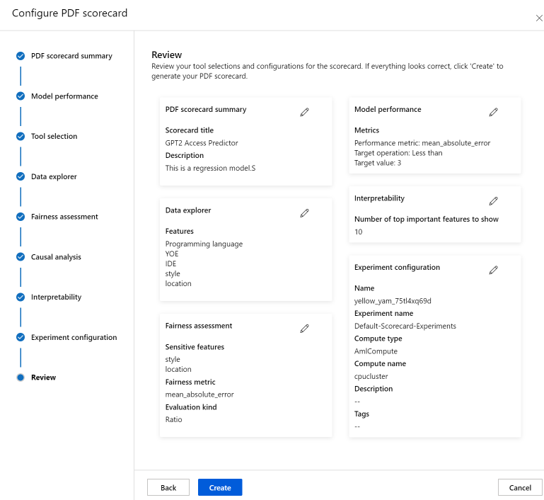 Screenshot of the dashboard generation page on scorecard configuration review.