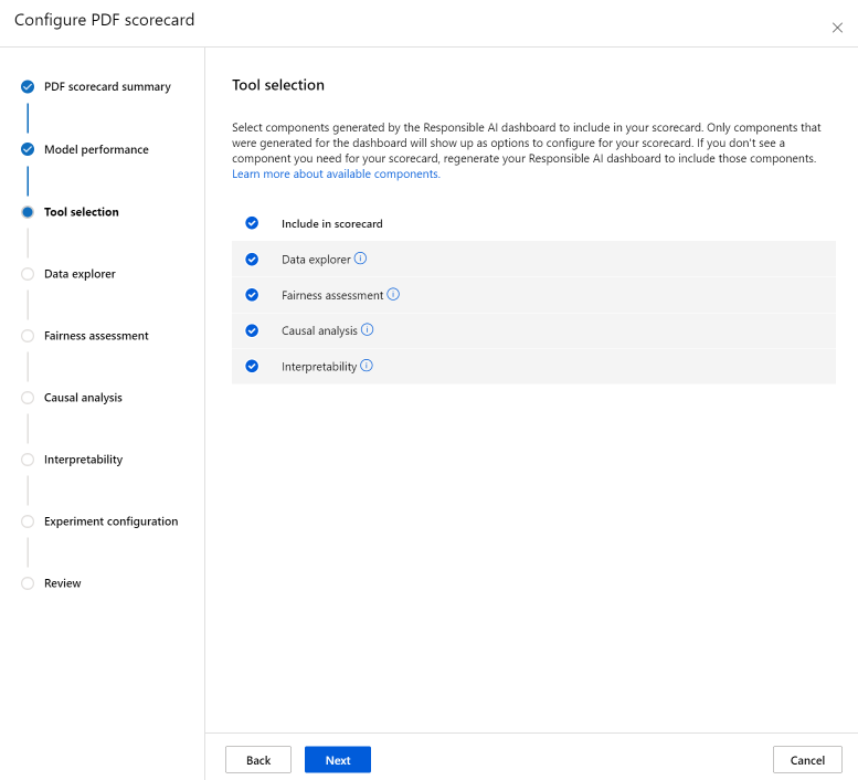 Screenshot of the dashboard generation page on scorecard tool selection configuration.