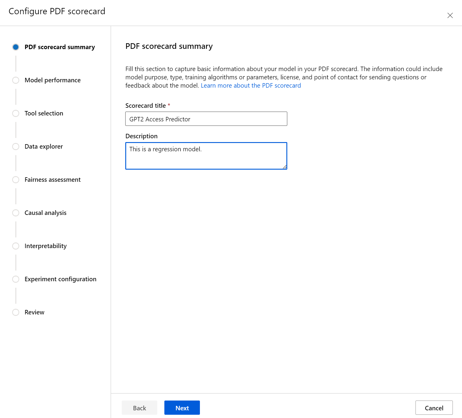Screenshot of the dashboard generation page on scorecard summary configuration.