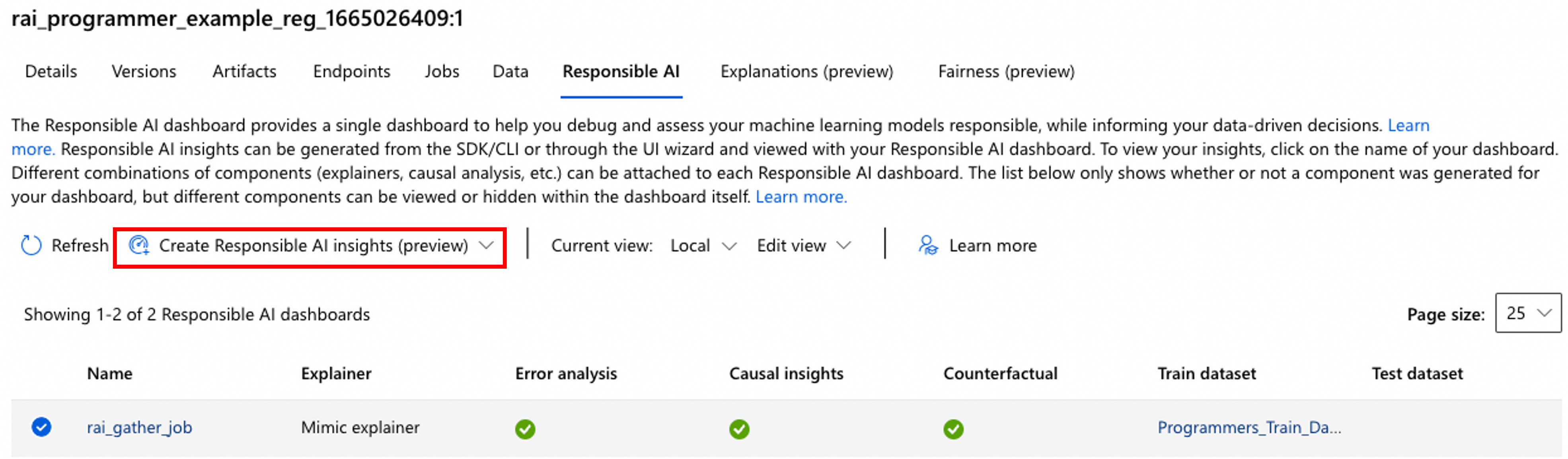 Screenshot of the Responsible AI (preview) pane in Azure Machine Learning studio, with the Responsible AI scorecard (preview) tab highlighted.