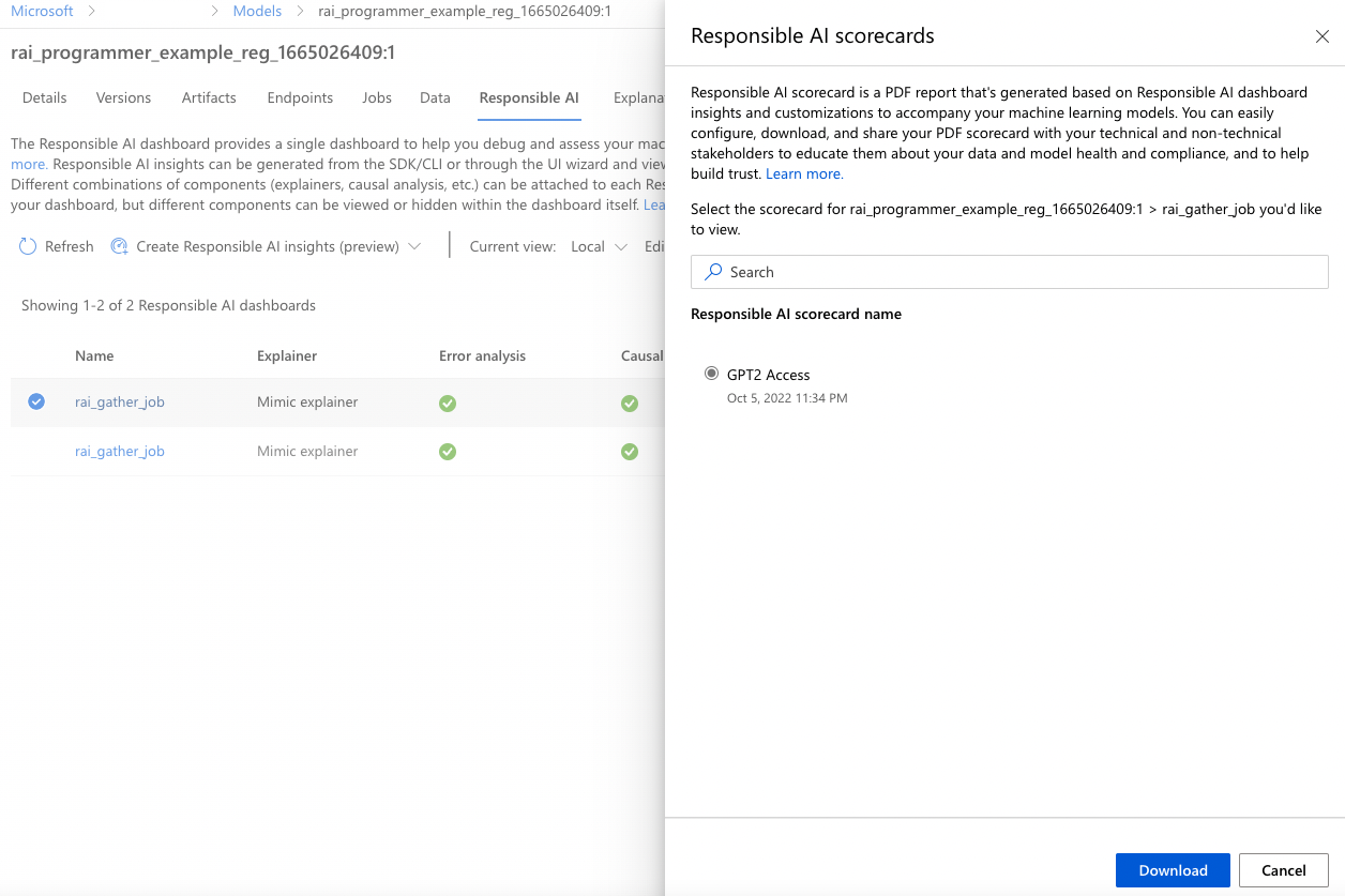 Screenshot of the Responsible AI scorecards pane for selecting a scorecard to download.