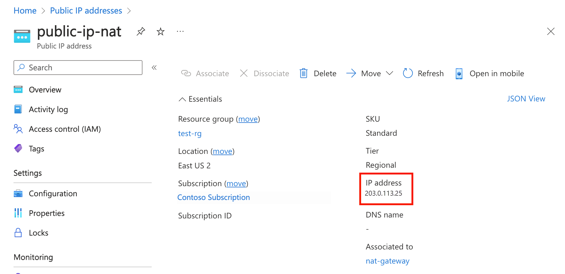 Screenshot that shows the ___location of the public IP address for a NAT gateway.