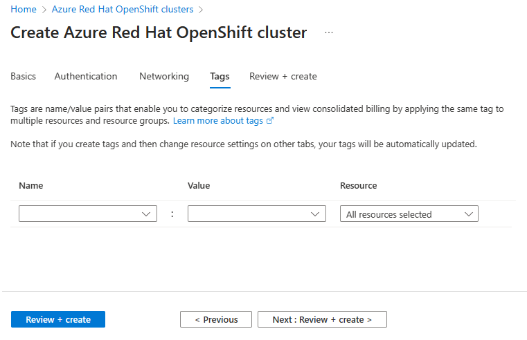 Screenshot of Tags tab on Azure portal.