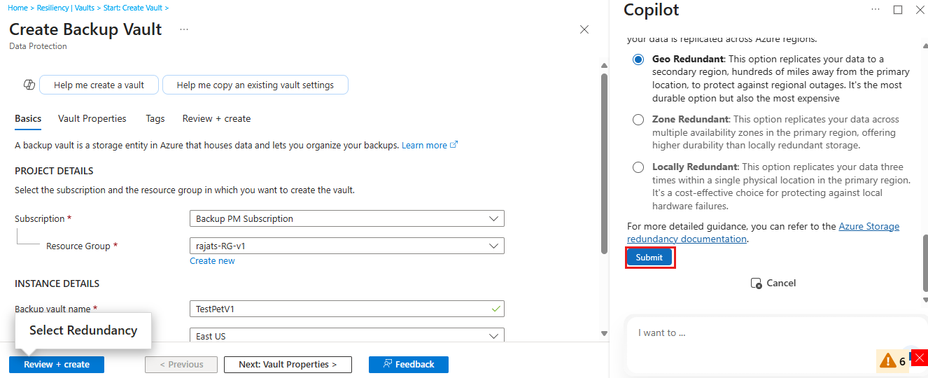 Screenshot shows how to apply vault redundancy type using Copilot for vault creation.