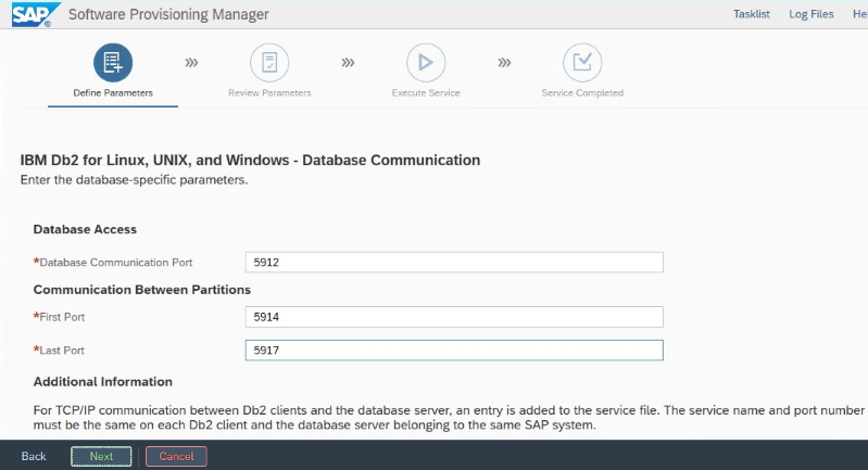 A screenshot of the SAP wizard "Define Parameters" screen.