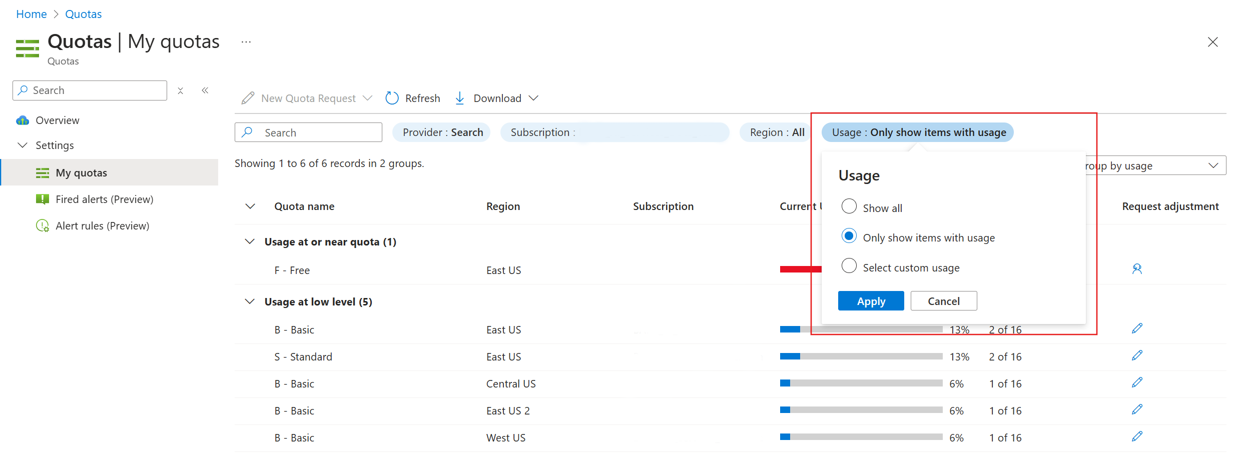 Screenshot of the Usage filter for search services in your current subscription.
