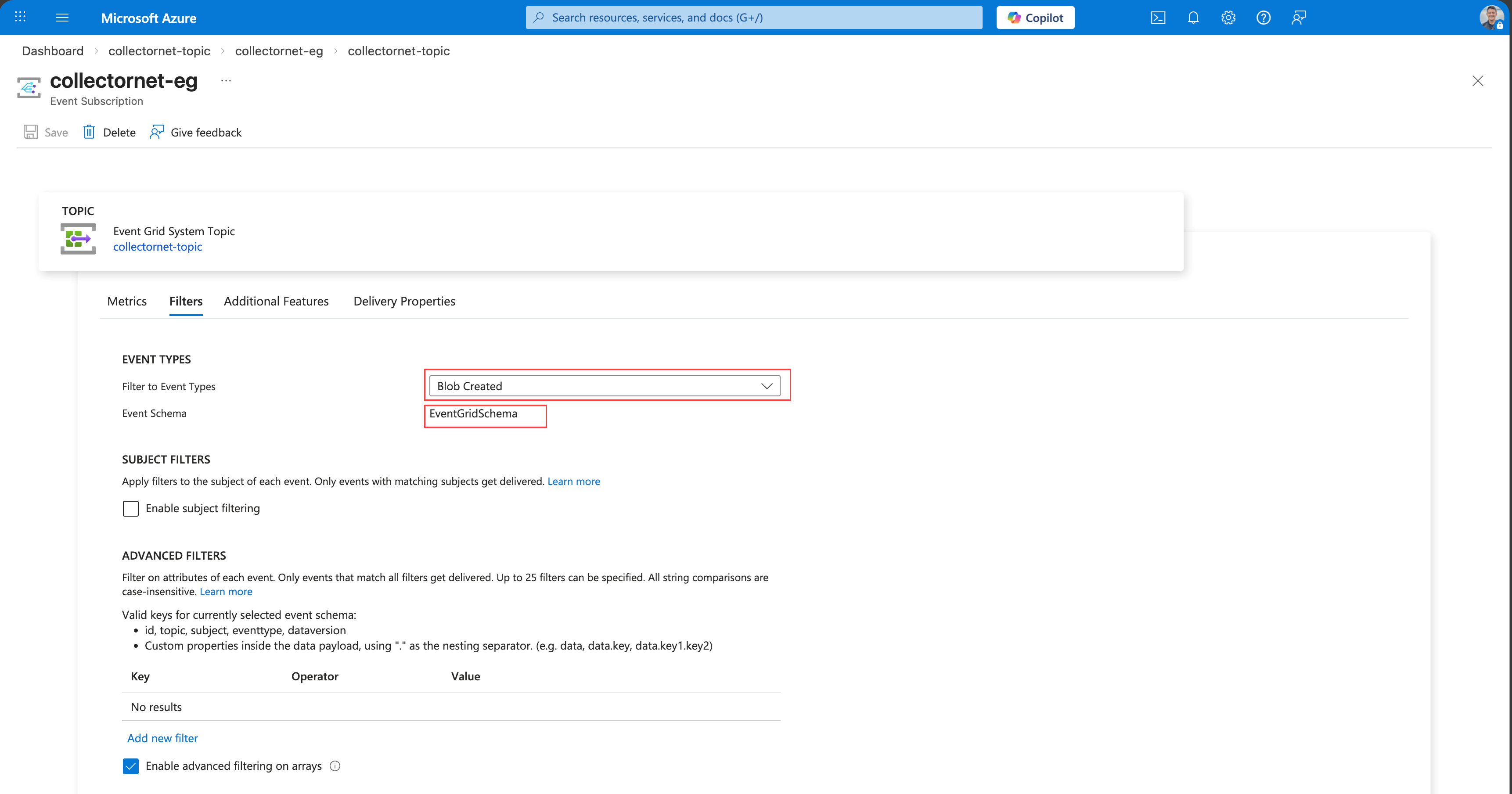 Screenshot of Event Grid system topic filters.