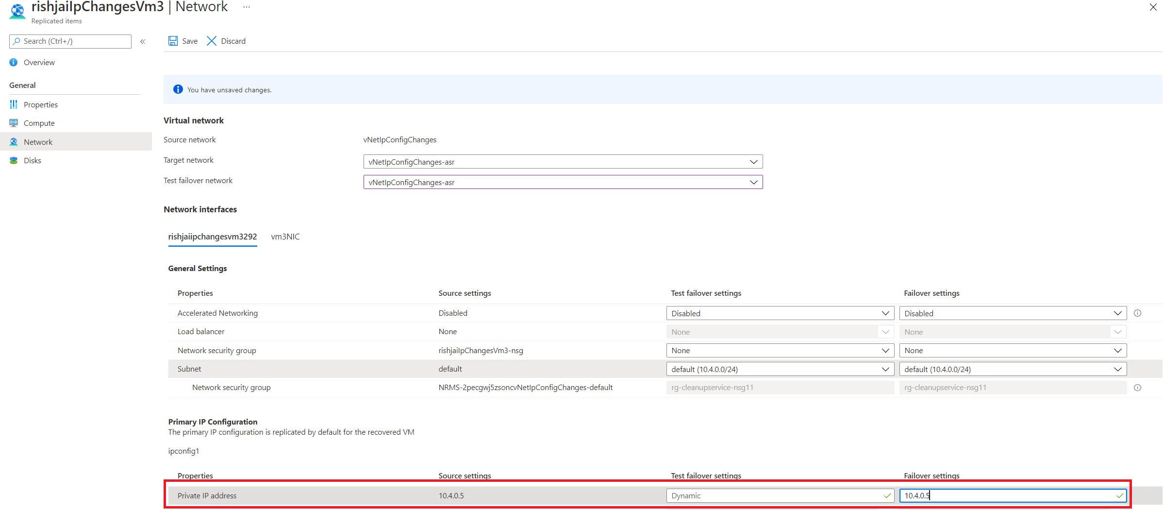Screenshot that shows how to set the target IP in the Site Recovery Network pane.