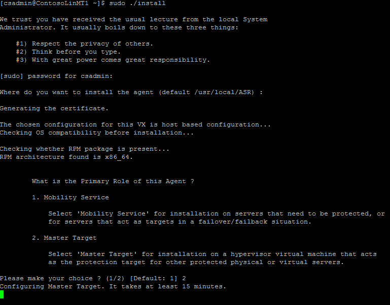 Choosing a default ___location for installation of master target.