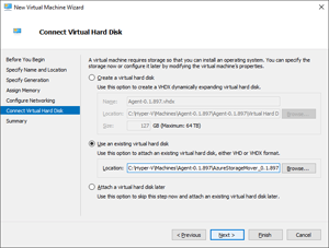 Image showing the ___location of the Virtual Hard Disk Connection fields within the New Virtual Machine Wizard.