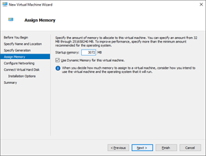Image showing the ___location of the Startup Memory field within the New Virtual Machine Wizard.