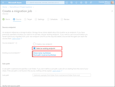 Screen capture of the Source tab illustrating the ___location of the Existing Source Endpoint field.