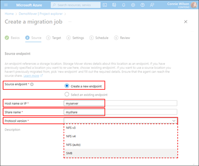 Screen capture of the Source tab illustrating the ___location of the New Source Endpoint fields.