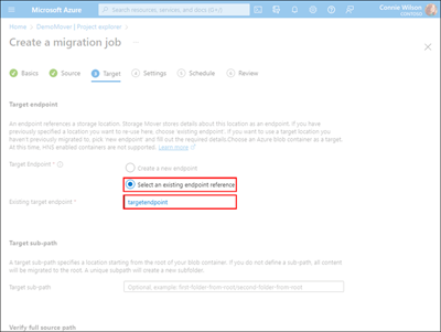 Screen capture of the Target tab illustrating the ___location of the Existing Target Endpoint field.