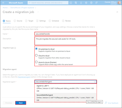 Screen capture of the migration job's Basics tab, showing the ___location of the data fields.