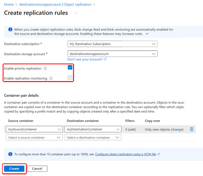 Screenshot showing the ___location of the Enable Priority Replication and Enable Replication Monitoring checkboxes in the replication rules pane.