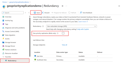 Screenshot showing the ___location of the geo priority replication checkbox for disabling existing accounts.