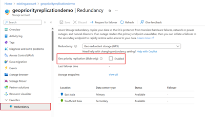 Screenshot showing the ___location of the geo priority replication checkbox for disabling the feature.