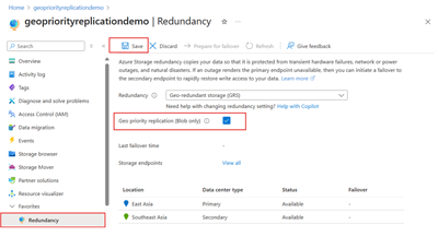 Screenshot showing the ___location of the geo priority replication checkbox for enabling existing accounts.